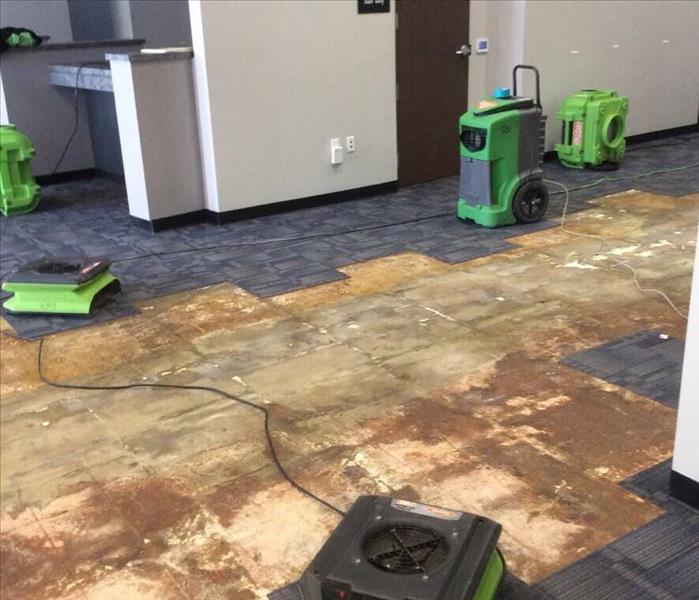Commercial office space with floor carpet tiles removed and servpro equipment placed around