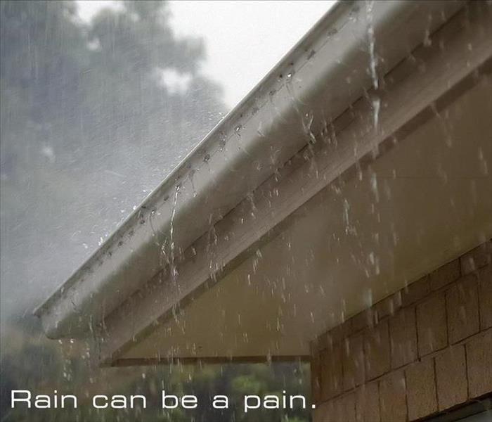 Heavy rain coming down on a roof and gutters. Text reads, "Rain can be a pain."