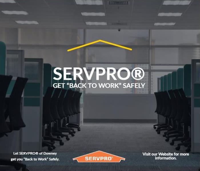 Office space with servpro logo and text, Get Back to Work Safely