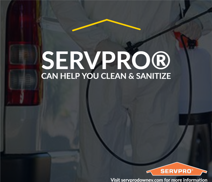SERVPRO tech with ppe that reads, SERVPRO can help you clean and sanitize.